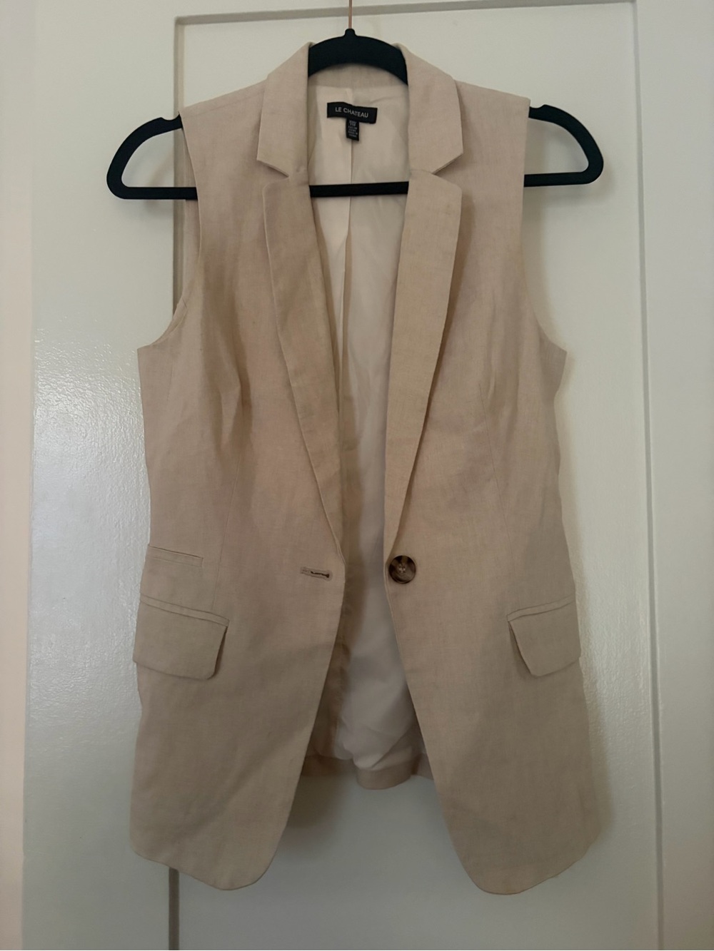 le chateau Beige Sleeveless Linen-Blend Blazer Vest